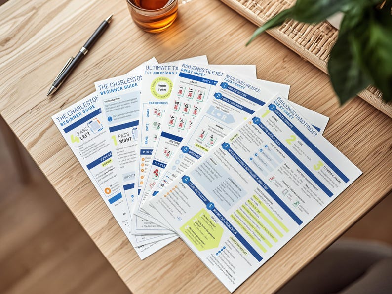May include: A collection of printed guides and cheat sheets for Mahjong and The Charleston, laid out on a wooden table. The guides feature blue and white text and diagrams. A pen and a glass of liquid are also on the table.