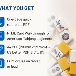 Pode incluir: Imagem com o texto "WHAT YOU GET" listando um PDF de uma p&aacute;gina, um tutorial para iniciantes em Mahjong americano e tamanhos de PDF A4 (210 mm x 297 mm) e US Letter (8,5" x 11"). Pe&ccedil;as de Mahjong espalhadas ao fundo.