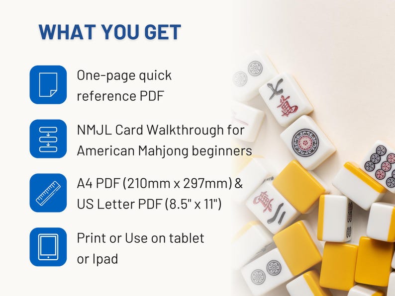 Pode incluir: Imagem com o texto "WHAT YOU GET" listando um PDF de uma p&aacute;gina, um tutorial para iniciantes em Mahjong americano e tamanhos de PDF A4 (210 mm x 297 mm) e US Letter (8,5" x 11"). Pe&ccedil;as de Mahjong espalhadas ao fundo.