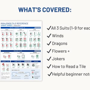 A flat-lay American Mahjongg tile reference cheat sheet with the text "WHAT'S COVERED:" at the top. The sheet includes information on all 3 suits, winds, dragons, flowers, jokers, how to read a tile, and beginner notes.