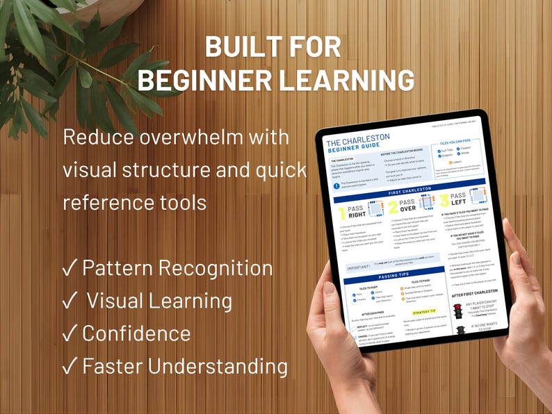 May include: A tablet displays "THE CHARLESTON BEGINNER GUIDE" with diagrams and text. The image includes the phrases "BUILT FOR BEGINNER LEARNING", "Reduce overwhelm", and "Pattern Recognition". The tablet is held by two hands against a wooden background.
