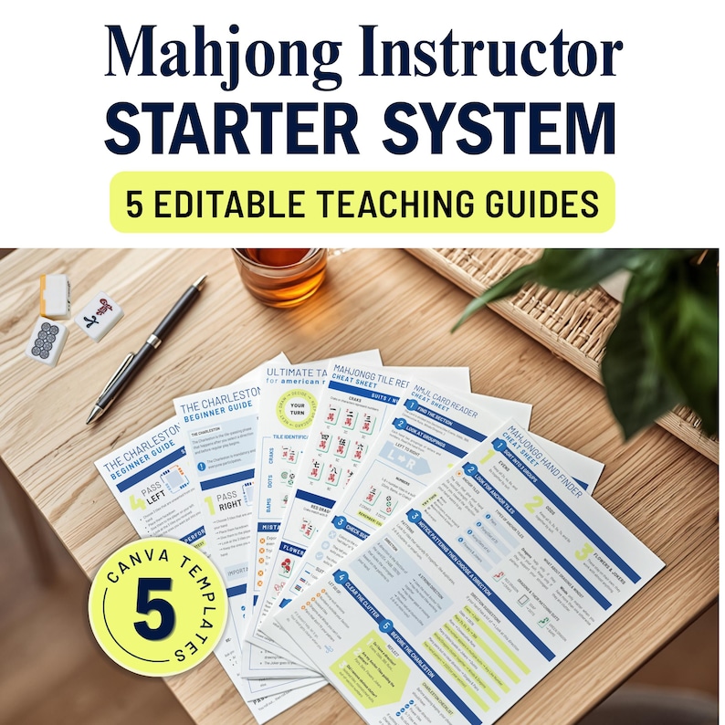 Mahjong Instructor Starter System featuring five editable Canva teaching guides for American Mahjong instructors, including beginner Charleston, tile reference, card reader, walls, and hand finder guides.