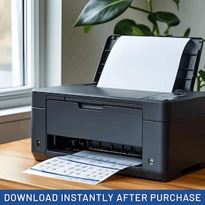 A black printer on a wooden desk, with a sheet of paper emerging from the output tray. The printer is next to a window and a plant. The text "DOWNLOAD INSTANTLY AFTER PURCHASE" is at the bottom.