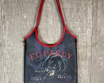 Torba Ed Hardy Tattoo Panther Graphic Tote Bag w kolorze czarno-czerwonym ze sztucznej skóry Y2K Streetwear