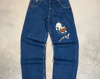 Vintage Paco Sport Baggy Jeans Mens 33x33 Blue Denim Embroidered Bulldog Y2K 90s