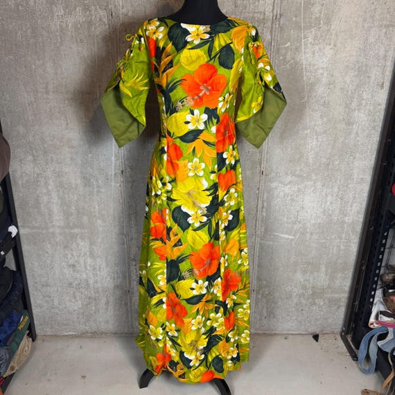 Vintage 60s Sears Hawaiian Fashions Floral Maxi Dress Green Orange Talon Zip S