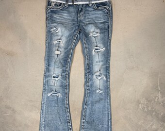 Rock Revival Vittoria Bootcut Jeans Distressed Blue Denim Embellished Size 27