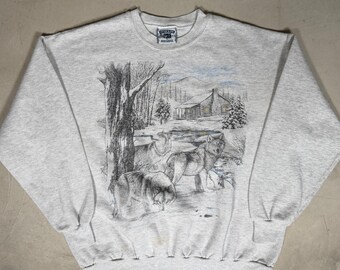Sudadera vintage Lee Wolf con estampado gráfico para hombre, talla L, gris, estilo cabaña de invierno, de los 90, de felpa.