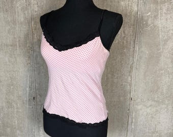 Energie Vintage Pink Polka Dot Lace Trim Cami Top Womens Large Y2K Coquette