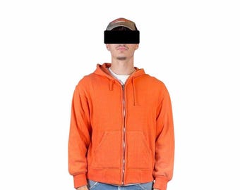 60s Vintage Orange Thermal Lined Zip Up Hoodie Sun Faded Boxy Fit BW Zipper Med