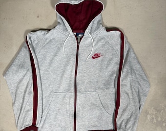 Vintage 80er Jahre Nike Full Zip Hoodie XL Grau Maroon Seitenstreifen bestickt Herren