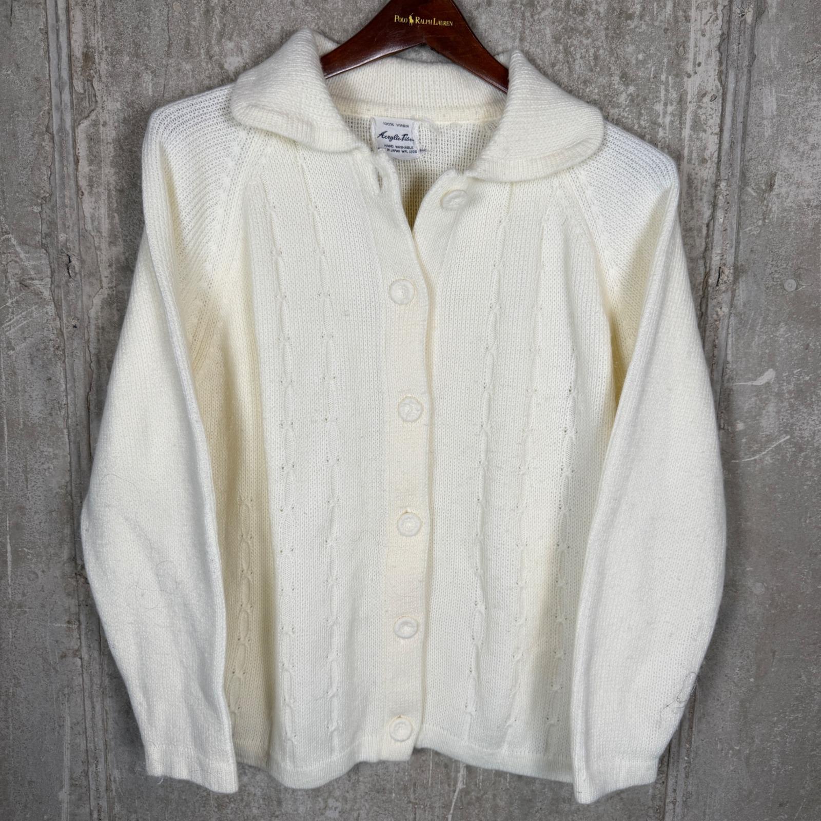50s-60s Vintage Acrylic Cardigan カラシ Vintage 60s Cream Acrylic Knit Cardigan Peter Pan Collar Button