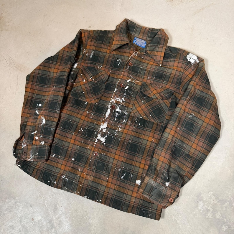 Vintage Pendleton Wool Board Shirt Mens M Brown shadow Plaid Paint Splatter 70s image 1