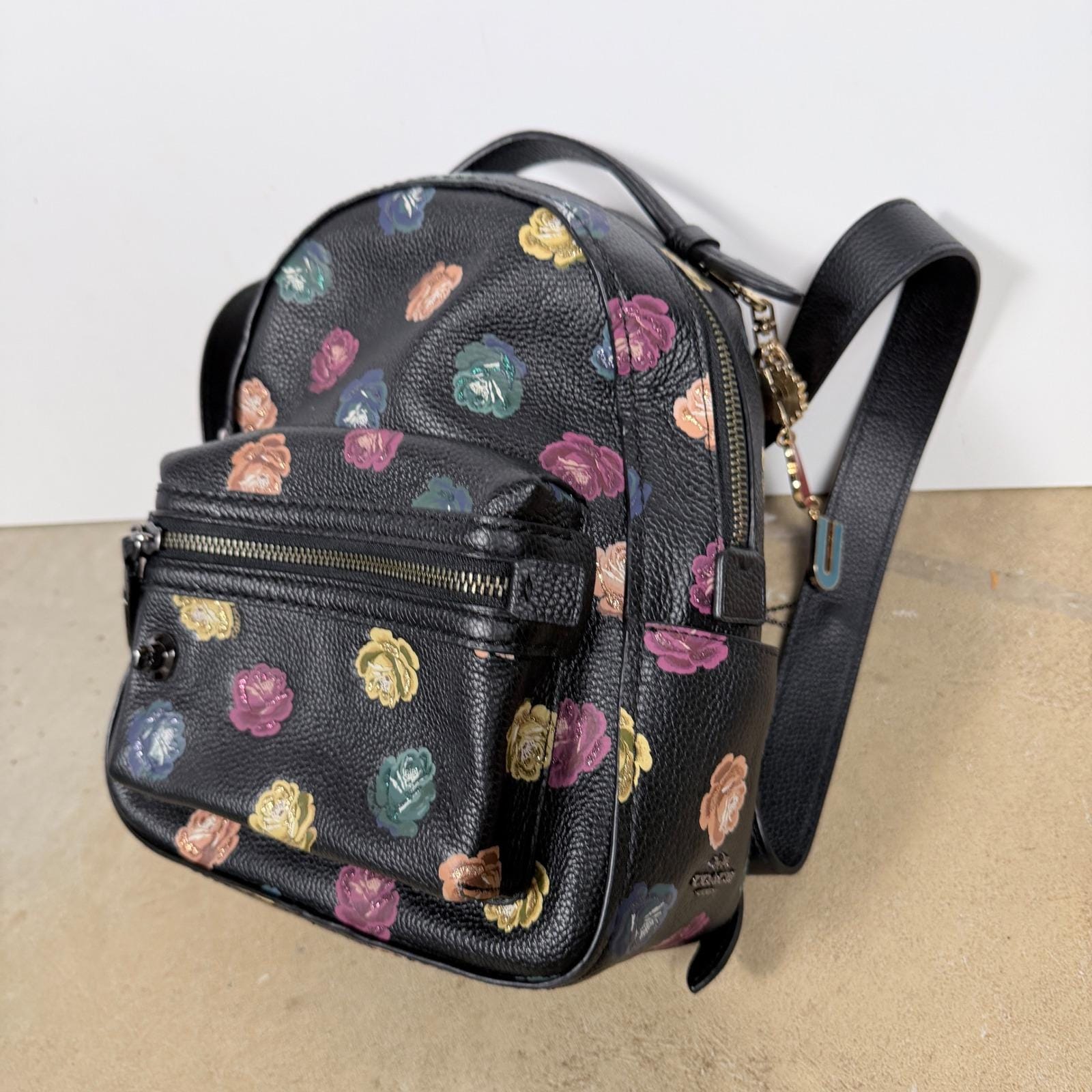 coach backpack black cinch flower Coach Leather Floral Backpack Mini Black Multi Color Roses Charm