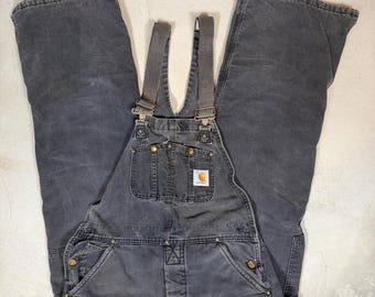 Carhartt faded SFB02 Quilt Lined Duck Bib Overalls Mens 34x32 Black Double Knee