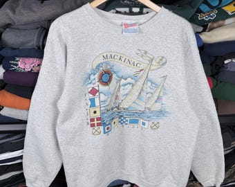 vtg 90er Jahre Hanes Schwergewicht Vintage 90er Jahre Mackinac Segeln Sweatshirt Grau Medium