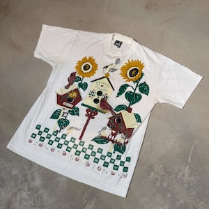 Vintage Best Fruit of the Loom Vogelhaus Sonnenblume T-Shirt Weiß Large 90er Jahre USA