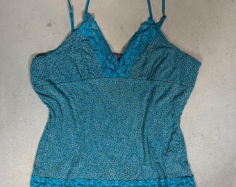 Grape Soda Teal Floral Lace Trim Cami Top Rhinestone XL Y2K Boho Coquette