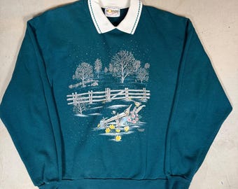Vintage Morning Sun Winter Graphic Sweatshirt Teal Collared Pullover Mens L