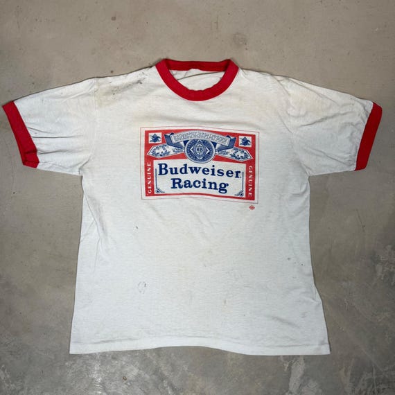 Vintage 80s Budweiser Racing Ringer T-Shirt White Red Single Stitch Distressed L