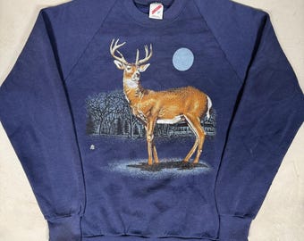 Sudadera vintage de los 90 de Jerzees con estampado de ciervo para hombre, talla grande, color azul, fabricada en EE. UU.