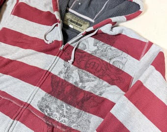 Sudadera con capucha y cremallera para hombre, talla XL, con forro de sherpa y tejido waffle, estampado a rayas, color burdeos y gris.