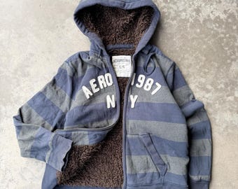 Aeropostale heren gestreepte hoodie met imitatiebont gevoerde volledige ritssluiting blauwgrijs groot 1987 NY