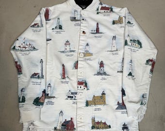 Sudadera blanca con botones y estampado de faro de Michigan de Vintage Art Unlimited, talla L