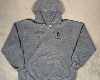 Sudadera con capucha Russell Athletic vintage de los años 80, fabricada en EE. UU., color gris softbol, estilo desgastado, talla grande.