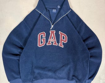 Gap Mens Vintage 90s Athletic Quarter Zip Fleece Pullover Navy Blue Large