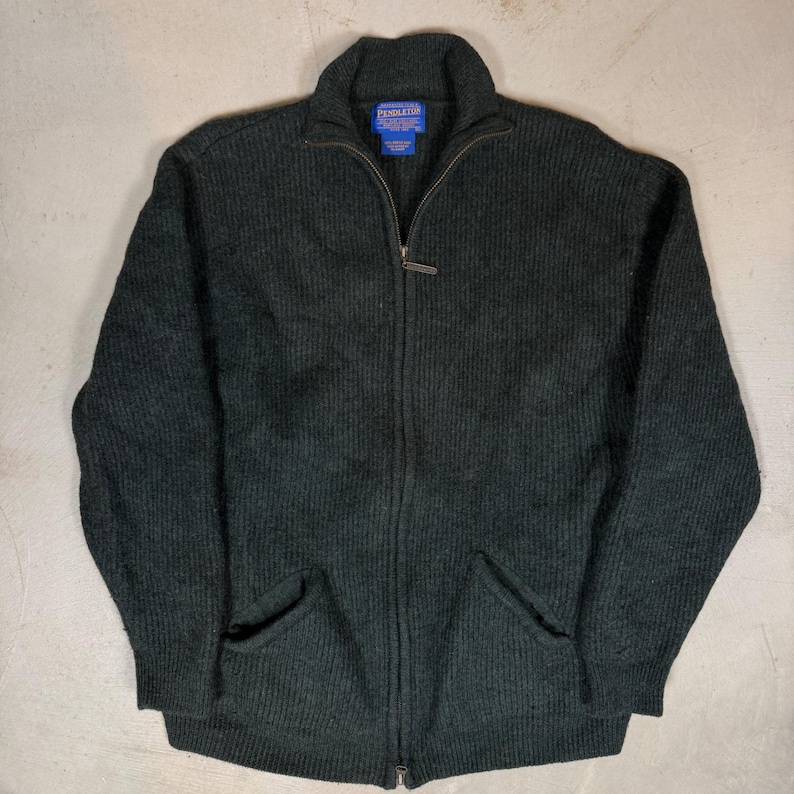 Pendleton Mens M Forest Green 100% Merino Wool Full Zip Ribbed Cardigan Sweater image 1
