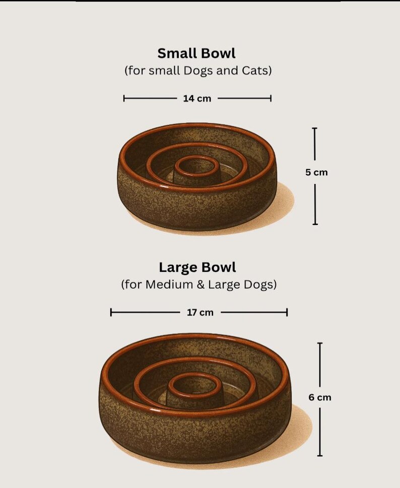 May include: Two brown ceramic slow feeder bowls with a textured finish and a central raised pillar. The small bowl measures 14 cm in diameter and 5 cm in height. The large bowl measures 17 cm in diameter and 6 cm in height. Text labels indicate sizes for pets.