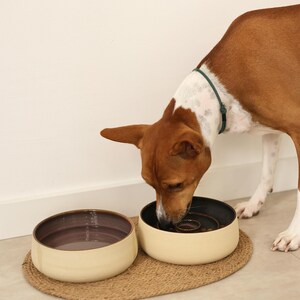 May include: Two round ceramic pet bowls with a cream-colored exterior and a dark interior. One bowl is filled with water, while the other contains food and features a central raised obstacle to slow down eating. The bowls sit on a woven mat.