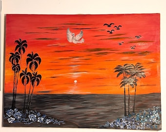 Tropischer Sonnenuntergang Acrylbild auf Leinwand, Palmen und weiße Taube, Handgemalte Küstenlandschaft.