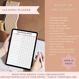 Może przedstawiać: Cyfrowy planer sprzątania wyświetlany na tablecie, z różowo-białą codzienną listą kontrolną. Obraz zawiera tekst "Cleaning Planner" i "What is Included?" z listą funkcji. Planer ma pomóc w obciążeniu psychicznym i organizacji.