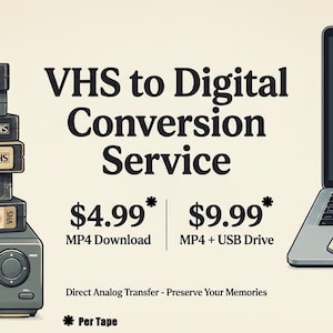 May include: An advertisement for a VHS to digital conversion service. The image shows a stack of VHS tapes, a VCR, and a laptop displaying an MP4 file icon. A hand holds a USB drive. The text reads "VHS to Digital Conversion Service."