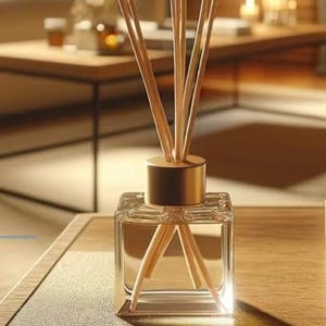 Könnte beinhalten: Ein klarer Aromatherapie-Diffusor aus Glas mit goldfarbenem Deckel und Holzstäbchen. Die quadratische Flasche steht auf einer Holzoberfläche. Der Diffusor soll Duft in die Luft abgeben und die Atmosphäre eines Raumes verbessern.