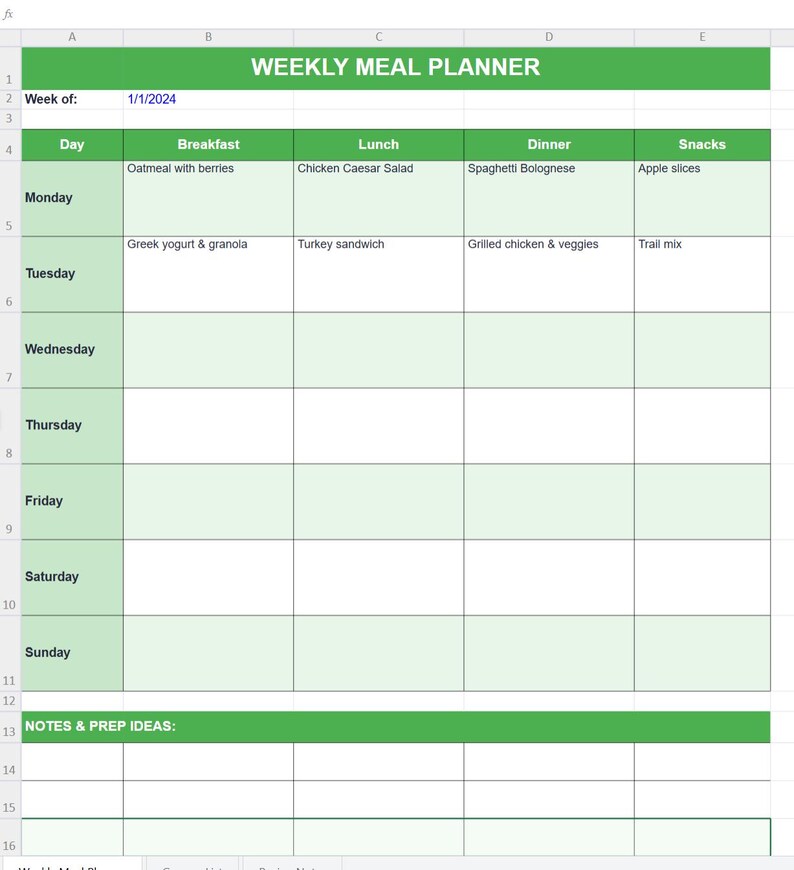 Weekly Meal Planner Excel Template - Etsy