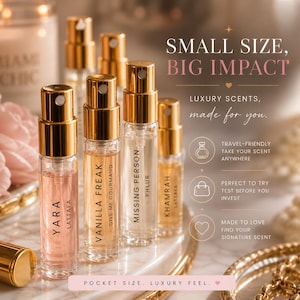 Pu&ograve; includere: Una collezione di piccoli flaconi di profumo con tappi ed etichette dorate. I flaconi sono etichettati "Yara", "Vanilla Freak", "Missing Person" e "Khamrah". Il testo "Small Size, Big Impact" &egrave; anch'esso visibile.
