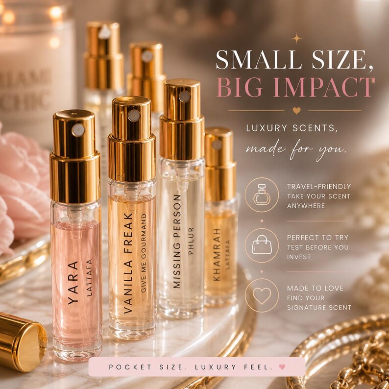 Pu&ograve; includere: Una collezione di piccoli flaconi di profumo con tappi ed etichette dorate. I flaconi sono etichettati "Yara", "Vanilla Freak", "Missing Person" e "Khamrah". Il testo "Small Size, Big Impact" &egrave; anch'esso visibile.