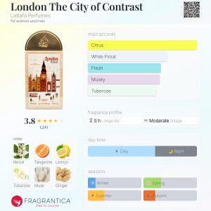 Pu&ograve; includere: Un flacone di profumo con tappo dorato ed etichetta raffigurante un paesaggio urbano di Londra. La fragranza &egrave; descritta con note agrumate, fiorite bianche e fresche. Il profilo della fragranza indica una scia moderata e 5 ore di persistenza.