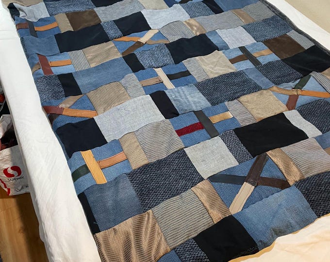Oversized Denim & Leather Patchwork Throw (48"x69") | Large Sofa Blanket | Repurposed And Raw SF