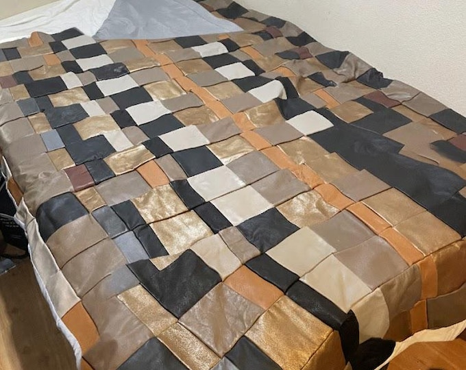 100% Genuine Leather Patchwork Blanket/Throw/Duvet Handmade Geometric Quilt/Repurposed Sustainable Materials