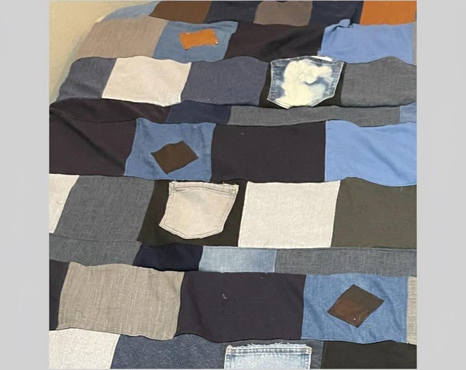 Handmade Patchwork Denim Duvet Cover  Upcycled Blue Jean Quilt  Sustainable Bedroom Decor Reclaimed Denim Bedspread with Functional Pockets