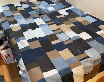 Upcycled Denim & Khaki Patchwork Quilt| Twin XL / Full Bedding | Earth Tone Jean Blanket with Pockets | Repurposed And Raw SF