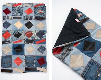 Raw Edge Denim & Leather Pillow Sham | Handmade Upcycled Jean Patchwork | Oversized 21x35