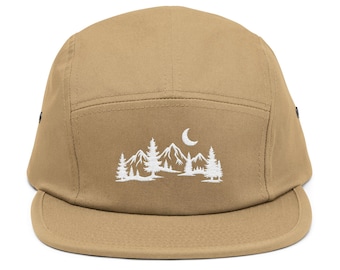 Mountain Pines Moon Embroidered 5-Panel Cap | Camping Outdoors Hat