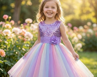 Abito da damigella con paillettes arcobaleno - Abito da principessa scintillante per bambine - Completo da compleanno in rete colorata - Abiti da festa estivi