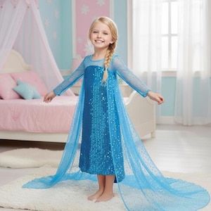 May include: A young girl wearing a blue sequined dress with sheer sleeves and a long, flowing cape. The dress has a round neckline and is adorned with sparkling details. The cape is a lighter shade of blue and features a dotted pattern.