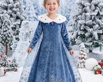 Disfraz de Elsa de terciopelo azul / Vestido de princesa de invierno con capa de copo de nieve